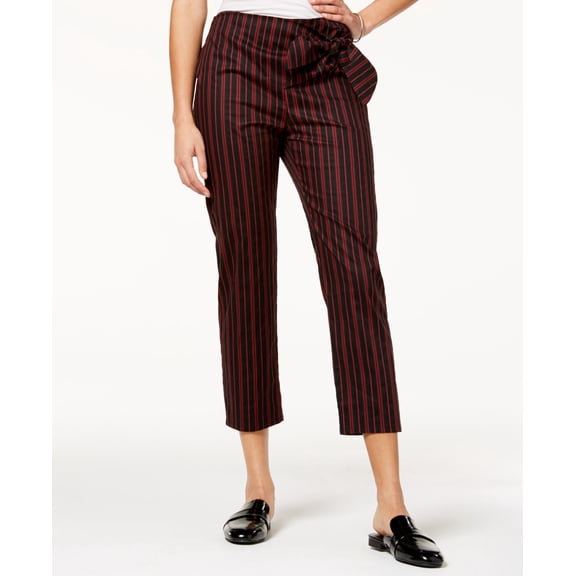 Be Bop Juniors Striped Tie Waist Cropped Pants Black Burgundy Stripe S