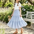 thumbnail image 6 of LEKWK Girls 2 Piece Midi Skirt Set Bow Short Sleeve Shirts and Elastic Waist Ruffle Tiered Skirt Casual Summer Outfit Teen Boho Floral Holiday Resort Wear, 6 of 7