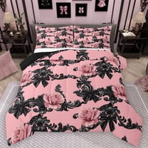 Castle Fairy Pink Floral Rose Bedding Comforter Set 2pcs for Children Teens Adults,Kawaii Black Ribbon Bow Twin Comforter Sets Microfiber,Bohemian Damask Breathable Bedding Set