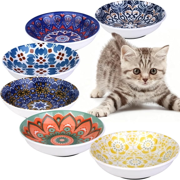 HAPPY KIT Non-Slip Wide Porcelain Food Bowl Set for Cats, Multicolor Bohemia (6 Pack)