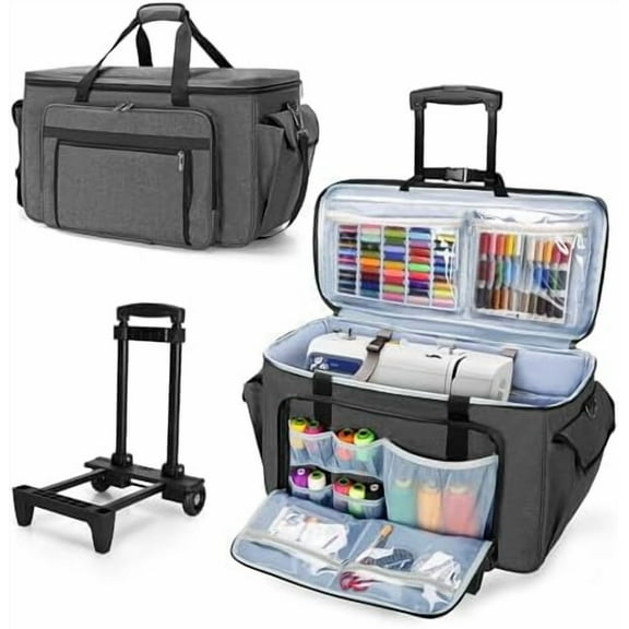 Sewing and Embroidery Machine Carrying Case with Wheels, Rolling Embroidery Machine Tote Bag with Bottom Support Board Compatible with Brother SE600, PE535 Embroidery Machine, Gray$$