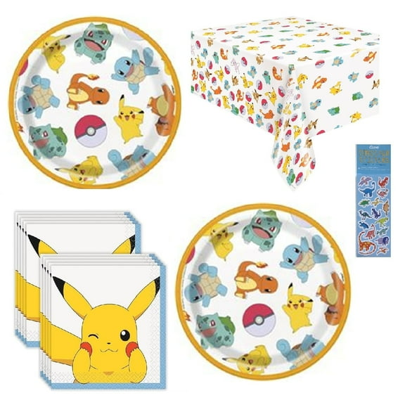 Pokemon Birthday Party Supplies Bundle includes 16 Small Dessert Cake Plates, 16 Beverage Napkins, 1 Tablecover , 1 Dinosaur Sticker Sheet