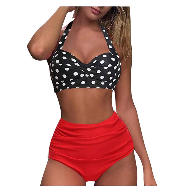 Women Vintage Swimsuit Two Piece Retro Halter Ruched High Waist Print Bikini Set
