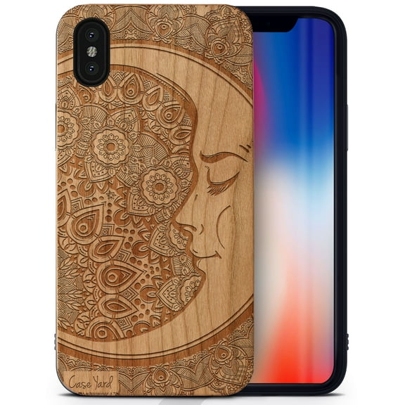 Case Yard Wooden Case Outside Soft TPU Silicone, Slim Fit Shockproof Wood Protective Phone Cover for Girls Boys Men and Women, Supports Wireless Charging Moon Mandala Design case for iPhone-X