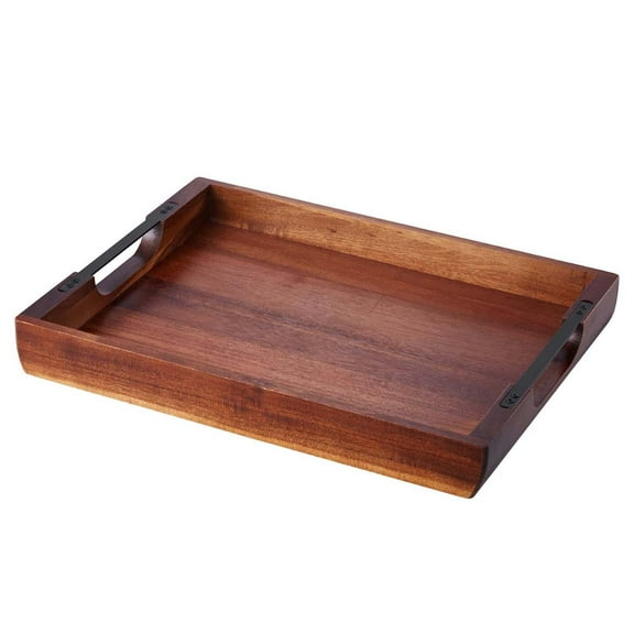 KFFKFF Acacia Wood Tray, Tray Board with Convenient Handles, Rustic Decorative Serving Platters, Perfect for Bedside Breakfast, Midday Meals, Kitchen Use, Living Room, Ottoman, Coffee Table
