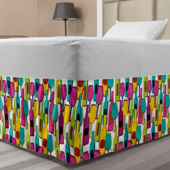 Wine Bed Skirt, Hand-Drawn Style Colorful Wine Bottles and Glasses Bar Party Alcohol Drinks Theme, Elastic Bedskirt Dust Ruffle Wrap Around for Bedding Decor, 4 Sizes, Multicolor, by Ambesonne