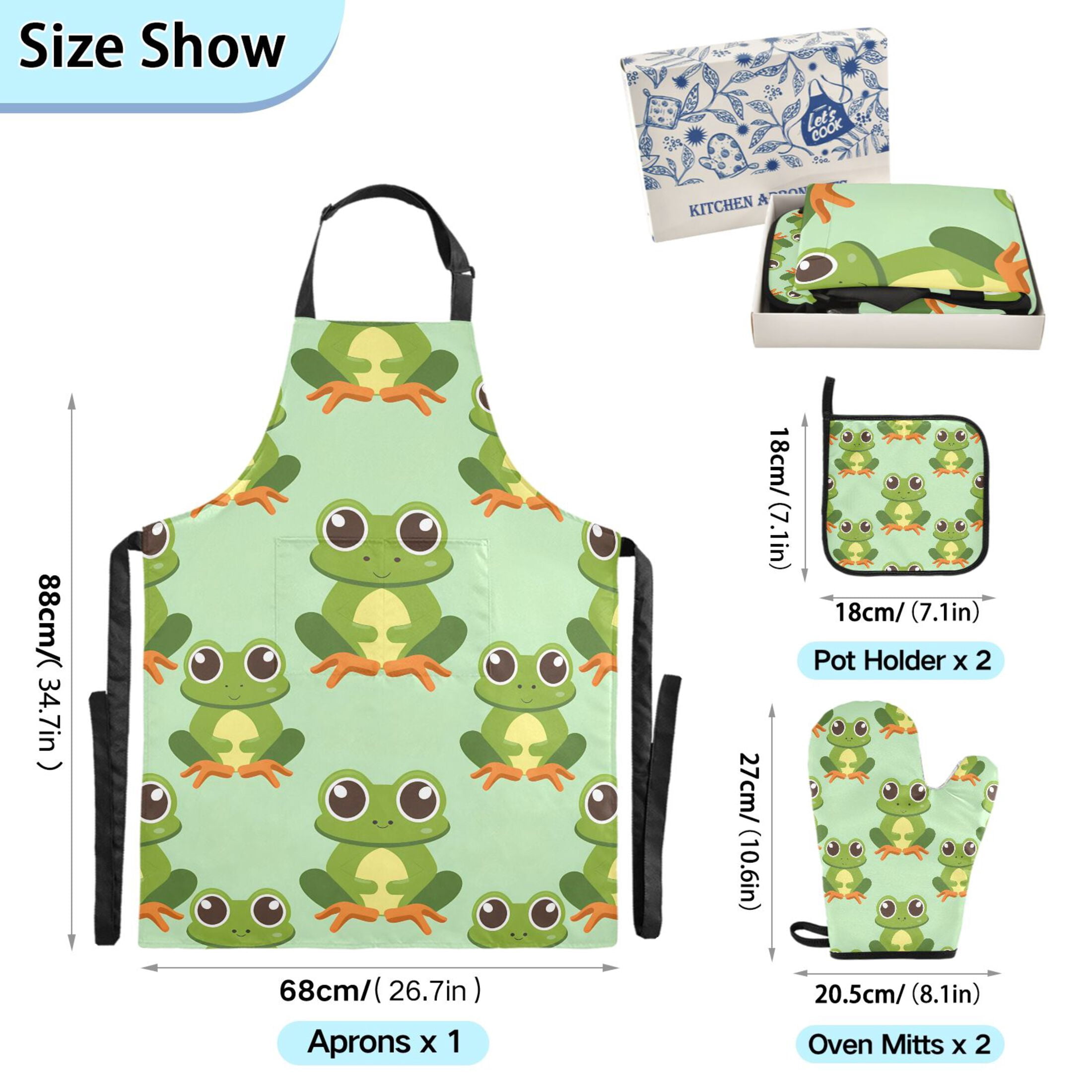 Lovely Frogs 5 Pcs Kitchen Set Heat Resistant Oven Mitts and Non-Slip Pot Holders with Adjustable Cooking Apron