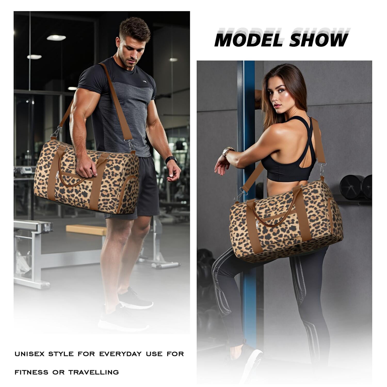 Leopard Womens Gym Tote Duffle Bag with Wet Pocket & Shoe Compartment, Checkered Travel Duffel Bag Overnight Weekender Hospital Tote Girls Workout Carry on Bag with Luggage Sleeve