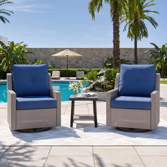 Deersky 3 Piece Patio Furniture Set, Outdoor Wicker Swivel Glider Chairs Set with Side Table, All-Weather Bistro Set for Porch, Balcony, Backyard