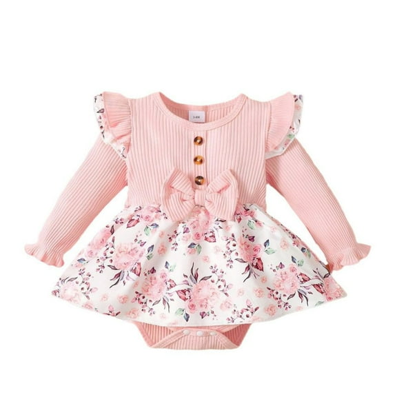 GYRATEDREAM Newborn Baby Girl Cute Ribbed Romper Dress Infant Ruffle Long Sleeve Flower Print Birthday Party Holiday Princess Dress with Bow Toddler Spring Fall Clothes for 0-18M Pink