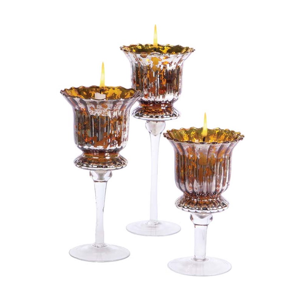 Set of 3 Gold and Silver Distressed Votive Candle Holders 8" 12