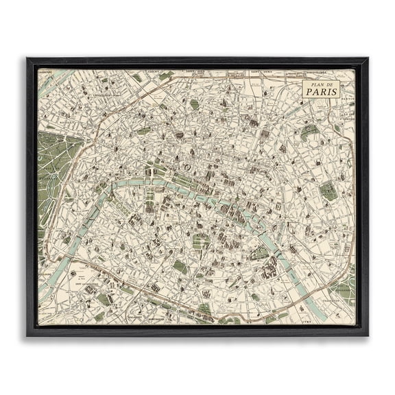 Stupell Industries Vintage Map of Paris Map Painting Black Floater Framed Canvas Art Print Wall Art, 21 x 17