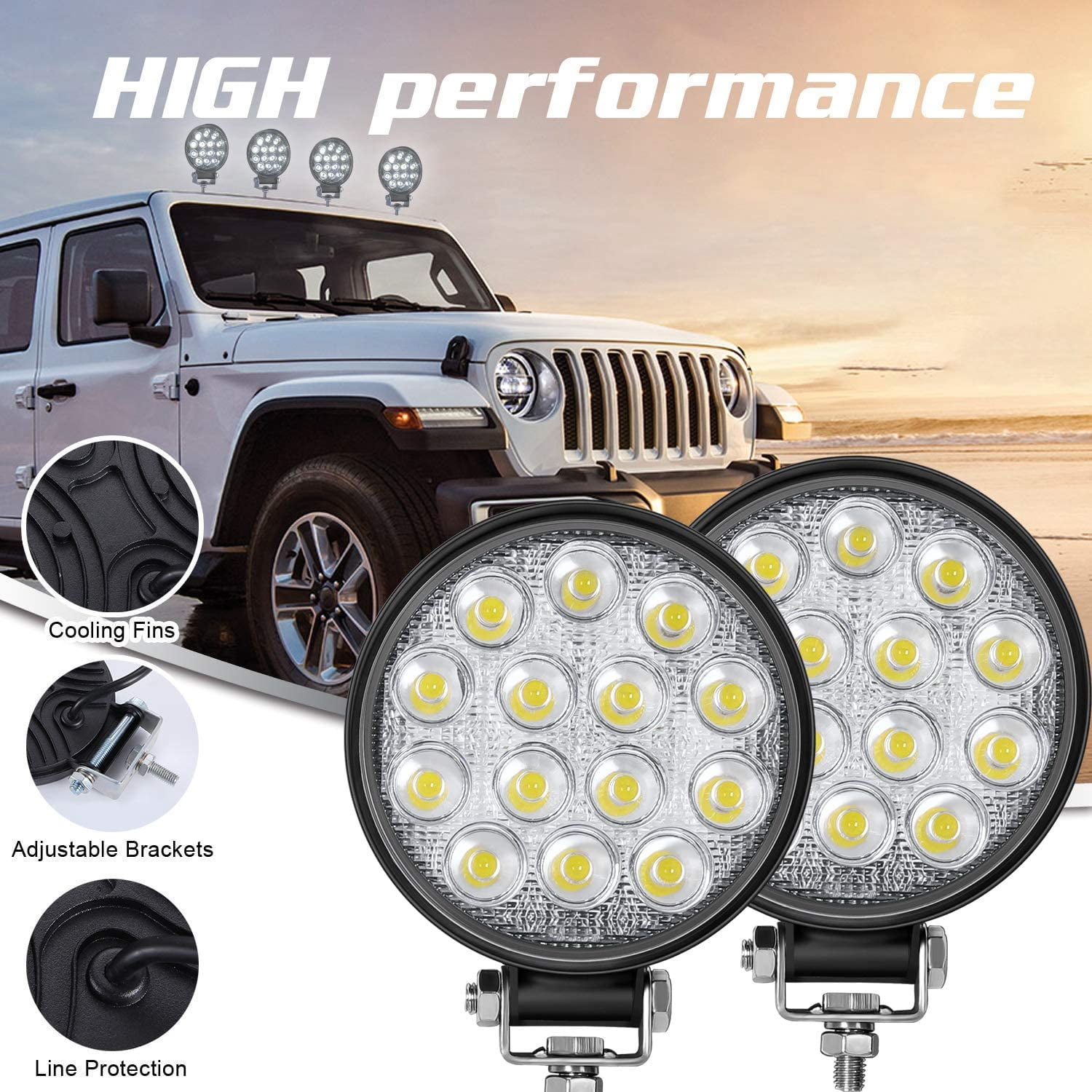 Led Round Light Bar 2PCS 4.5" 140w 14000LM Flood Light Pod Off Road Fog Driving Roof Bar Bumper for SUV Truck, Hunters