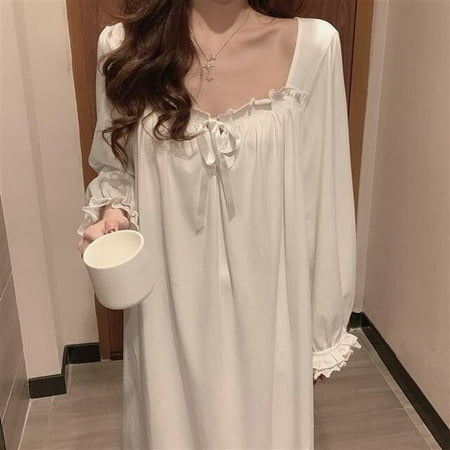 

CoCopeaunt Princess Nightdress Women Autumn Long Nightgown Lace Sleepwear Long Sleeve Nightwear White Sleeping Dress Plus Size 3XL