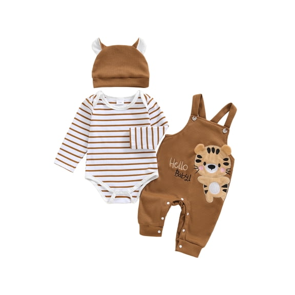 Baby Boy Clothes Set Long Sleeve Striped Bodysuit Top Animal Suspender Pants Hat Newborn 3Pcs Coming Home Outfit 0-18M