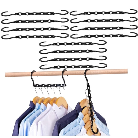 12 Pack Plastic Space Saving Hangers, Sturdy Cascading Hangers Organizer Closet Space Saver 80% and Wrinkle Free Clothes, Multi Collapsible Hangers for Heavy Clothes, Shirts, Pants, Black