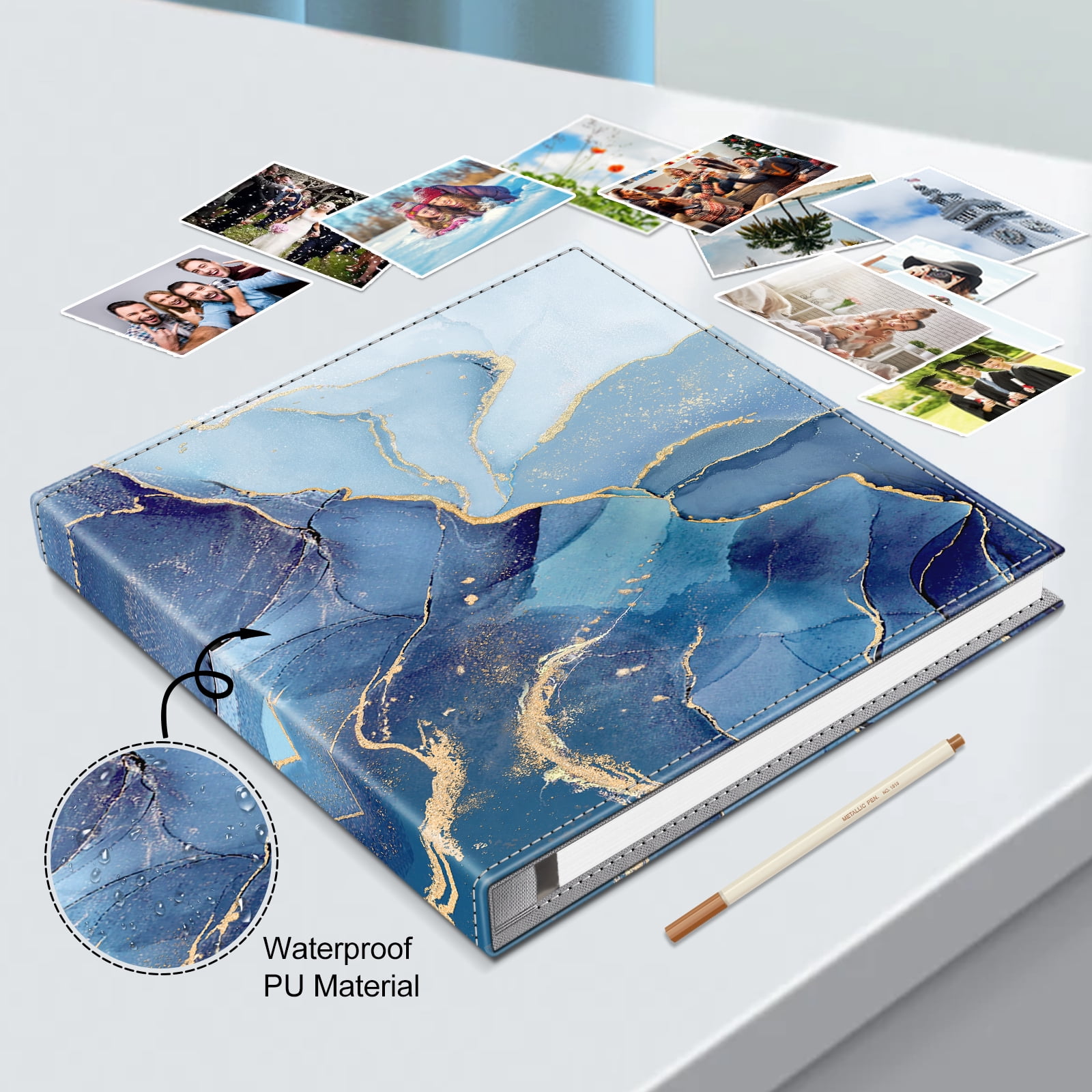 Fintie Photo Album Self Adhesive for 3x5 4x6 5x7 6x8 8x10 Pictures, 60 Sticky Pages DIY Photo Album with A Metallic Pen, Scrapbook Album for Family Wedding Anniversary Pictures, Ocean Marble