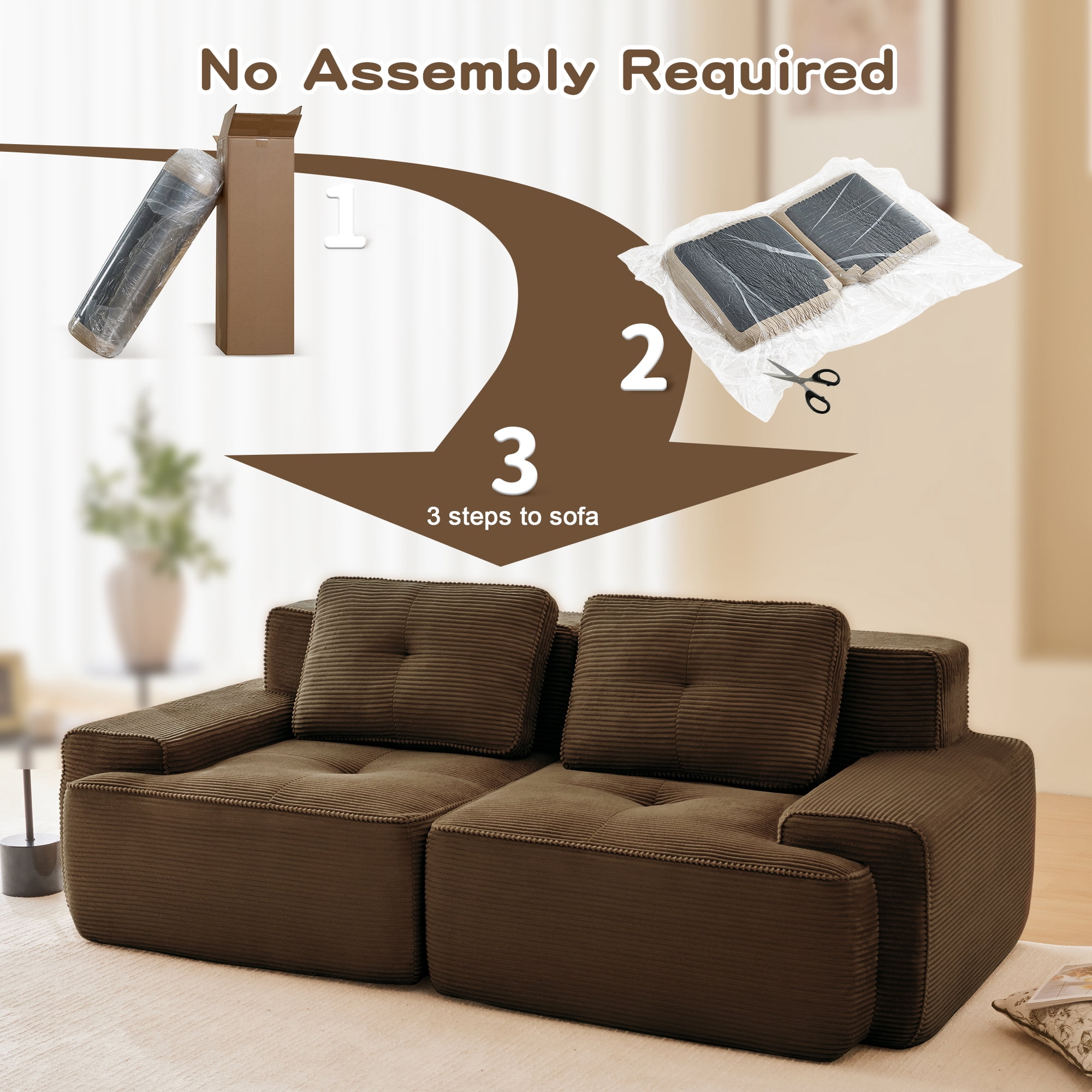 80" Corduroy Modular Sectional Sofa, 2-Seater Tufted Deep Seat Couch, Pet-Friendly Couch, No Assembly, Brown