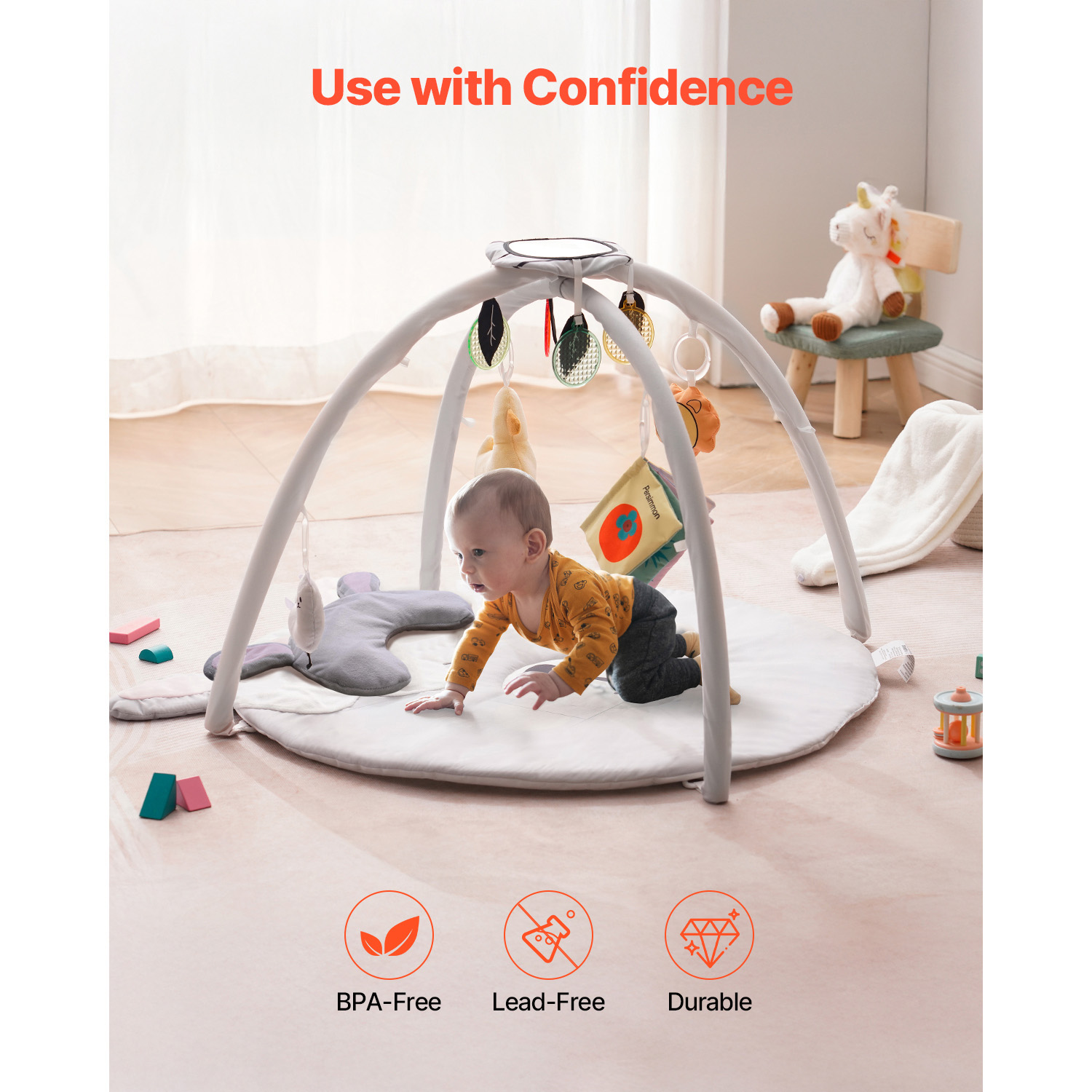 KFFKFF Baby Play Gym Mat,Includes 5 removable hanging toys and tummy time pillow,Ages 0-18 Months,39.1 x 32.7 x 21.7 in