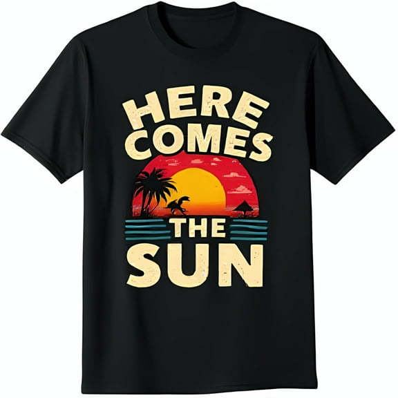 Vintage Black T-Shirt with Sunset and Trees Graphic Here Comes The Sun Design