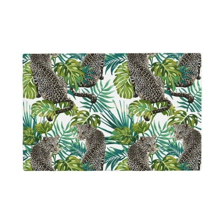 

Table Placemats Set of 4 - leopard green tropical leaves 12x18 In Faux Linen Double Heat Resistant Place Mats Cloth Indoor/Outdoor Placemats Washable Table Mats for Dining Kitchen Party