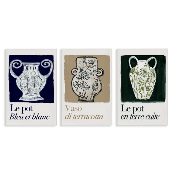 Stupell Industries French Floral Vases Text & Numbers Painting Wrapped Canvas Art Print Wall Art, 16 x 24, Set of 3