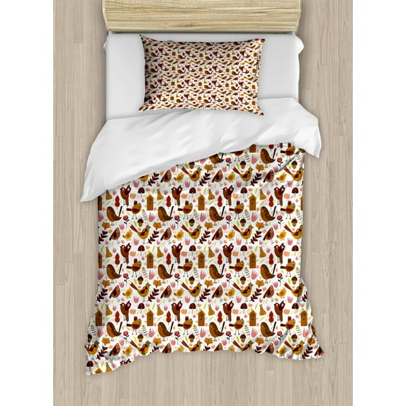 Nursery Duvet Cover Set Twin Size, Abstract Cartoon Illustration of Forest Theme Birds Sparrows Crows and Birdcage, Decorative 2 Piece Bedding Set with 1 Pillow Sham, Multicolor, by Ambesonne