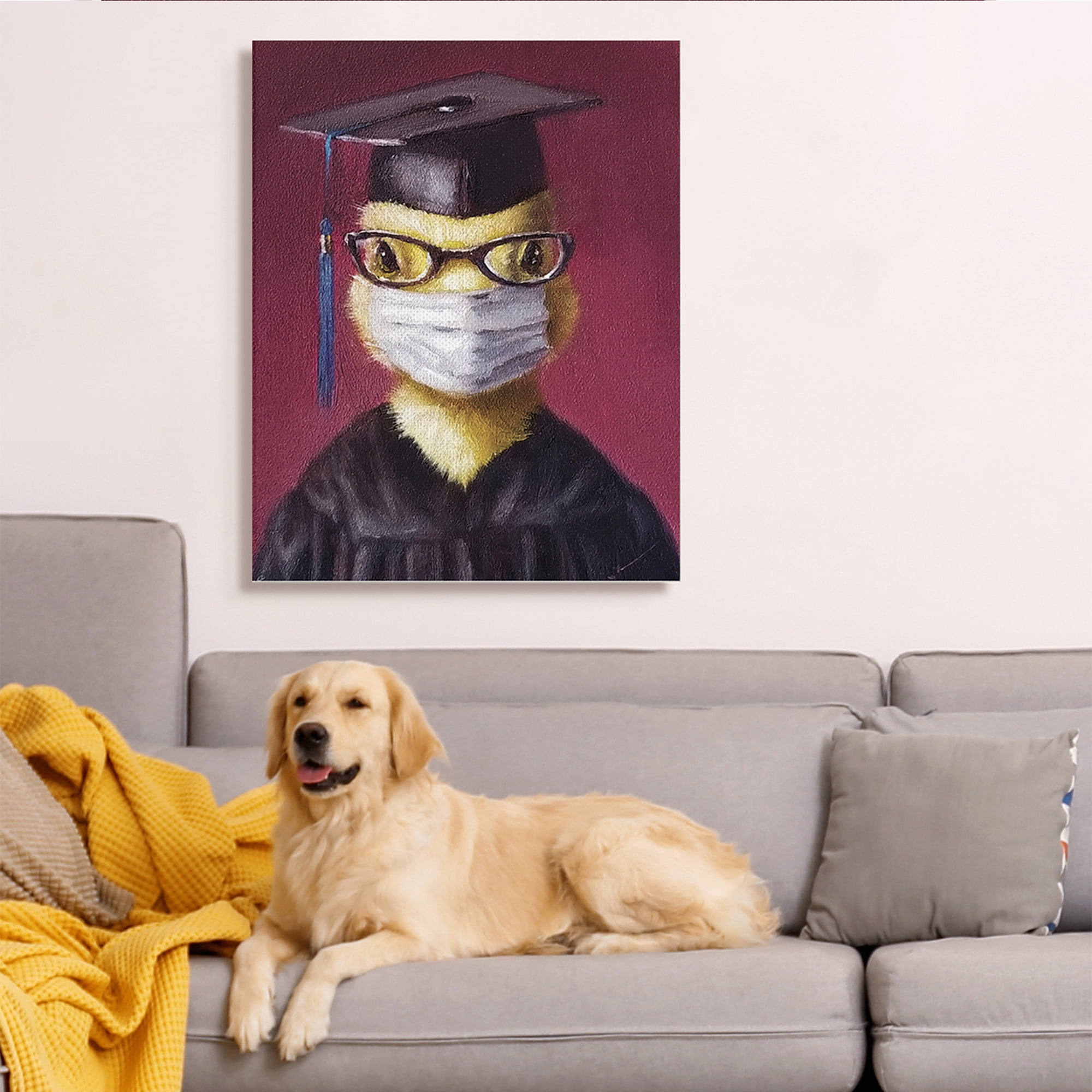 Stupell Industries Duckling Bird Graduate Face Mask over Red Animals & Insects Painting Gallery Wrapped Canvas Art Print Wall Art, 16 x 20