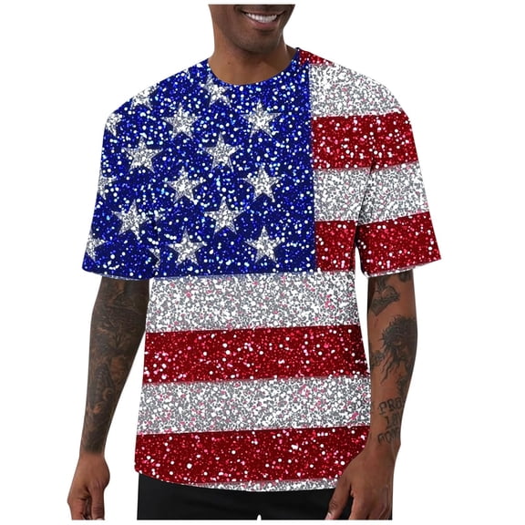 USA Shirts for Men: American Flag Sequin T-Shirt 4th of July Patriotic Bling Short Sleeve Tee Shirt Big and Tall Size S-5XL White