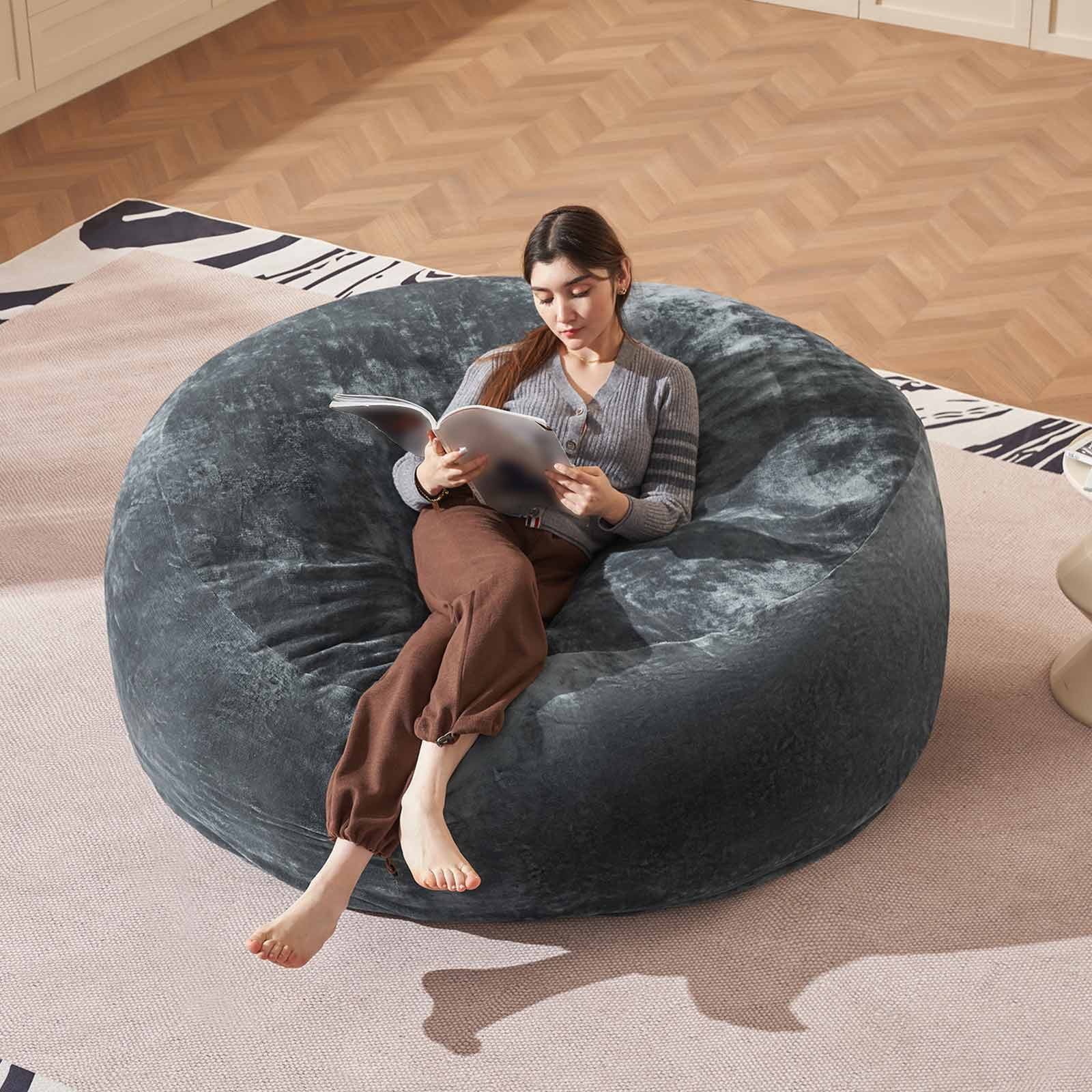Bean Bag Chair 6FT,  Large Memory Foam Filled Chair for Adults and Teens, Soft Sofa with Removable Flannel Cover, Round Couch for Living Room Bedroom College Dorm