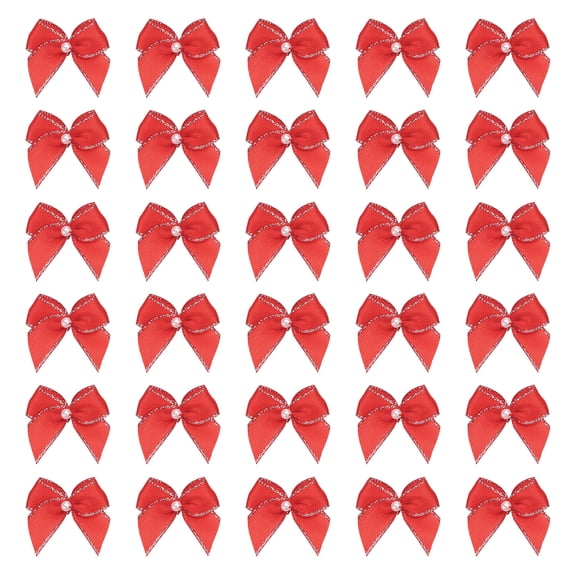 Uxcell 50 Pcs Mini Red Silver Tone Ribbon Bows with Pearl 1" Ribbon Flowers Appliques for Crafts DIY Hair Bows Sewing Wedding Party Christmas Decoration