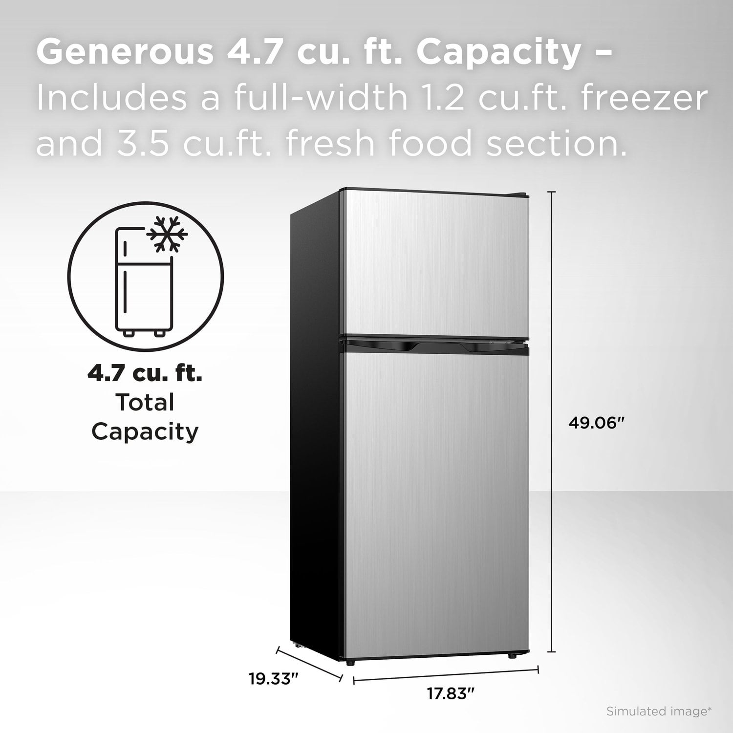 TCL Silver Compact Two Door Refrigerator with Freezer for Kitchen, Garage & Office, 4.7 Cu. Ft.