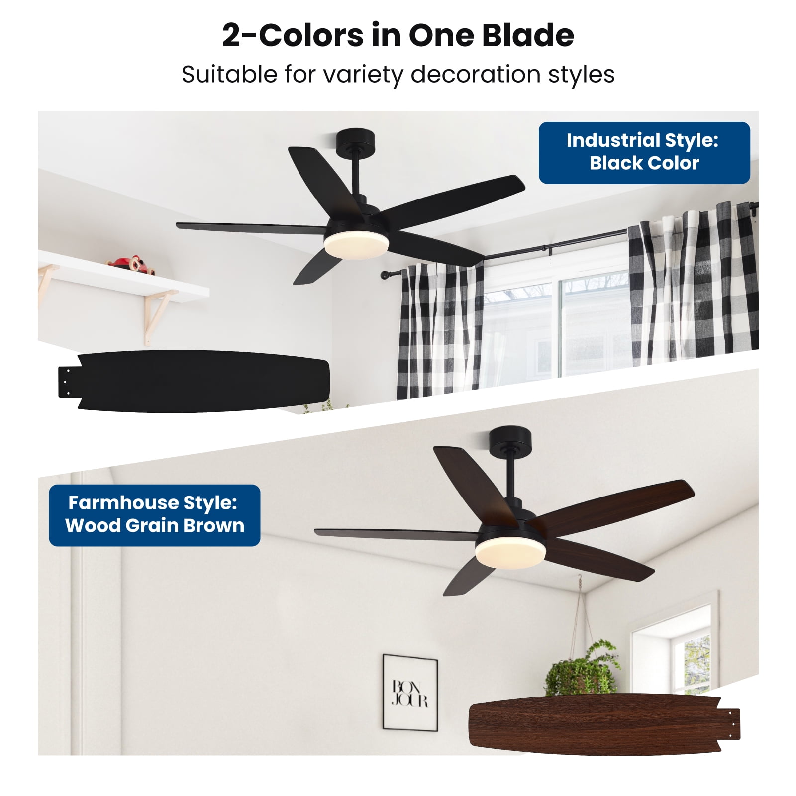 52 Inch Ceiling Fans with Lights,  Modern Ceiling Fan with Light and Remote for Bedroom Living Room Kitchen Home Office, Indoor/Outdoor Use, 3CCT Dimmable,  Dual Color 5 Blades 6 Speed Rever