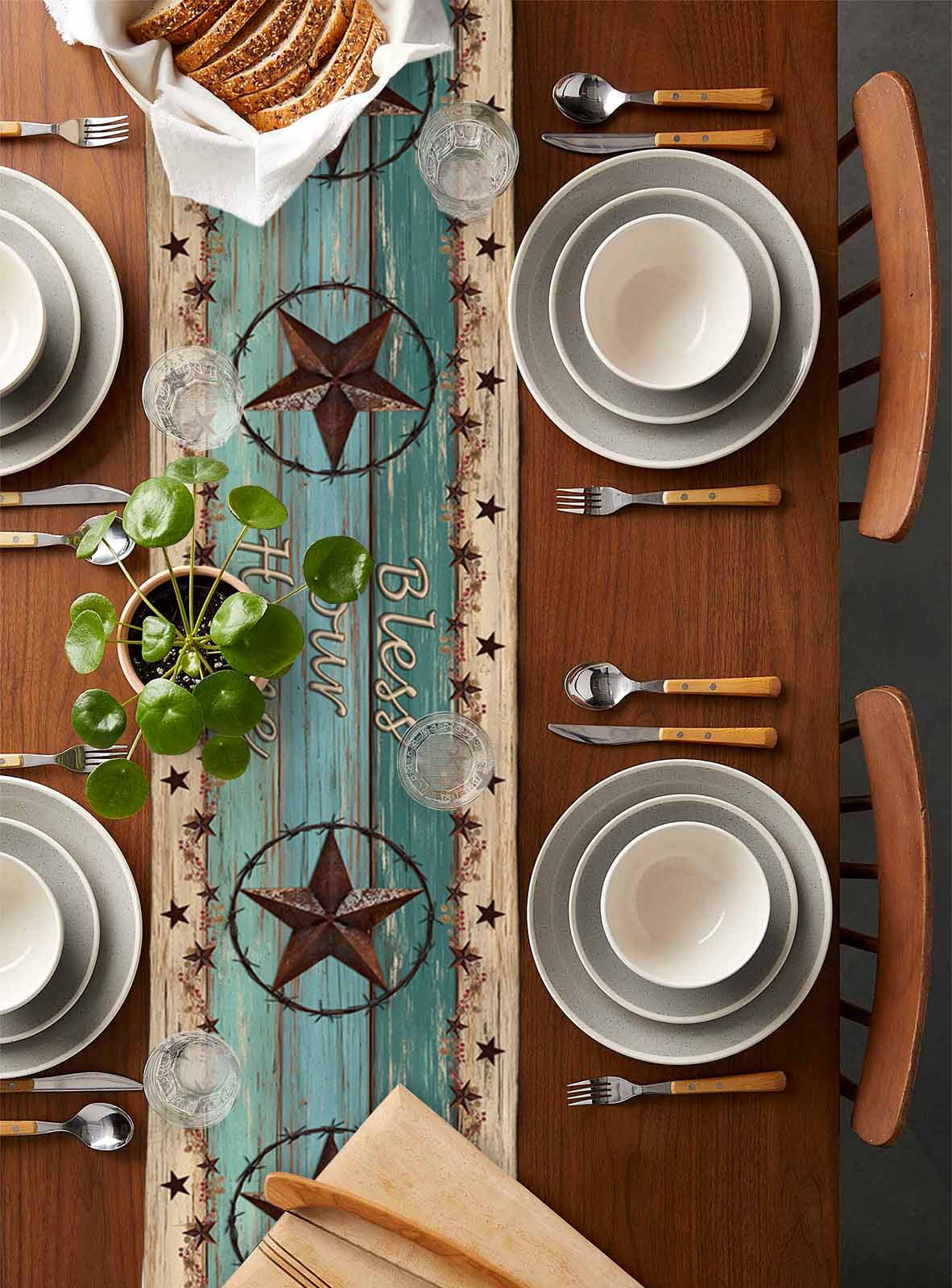 Texas Star Country Table Runner 108 Inches, Western Old Wooden Board Vintage Bed Runner Dresser Scarves Tabletop for Indoor Outdoor Parties/Ceremony/Banquet, 13"x 108"