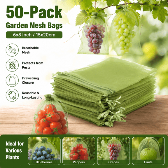 50-Pack 6x8 Inch Garden Mesh Bags - Breathable Fruit Protection Covers with Drawstring for Tomatoes, Blueberries, Peppers - Reusable Pest Barrier Bags for Plants, Organic Gardening