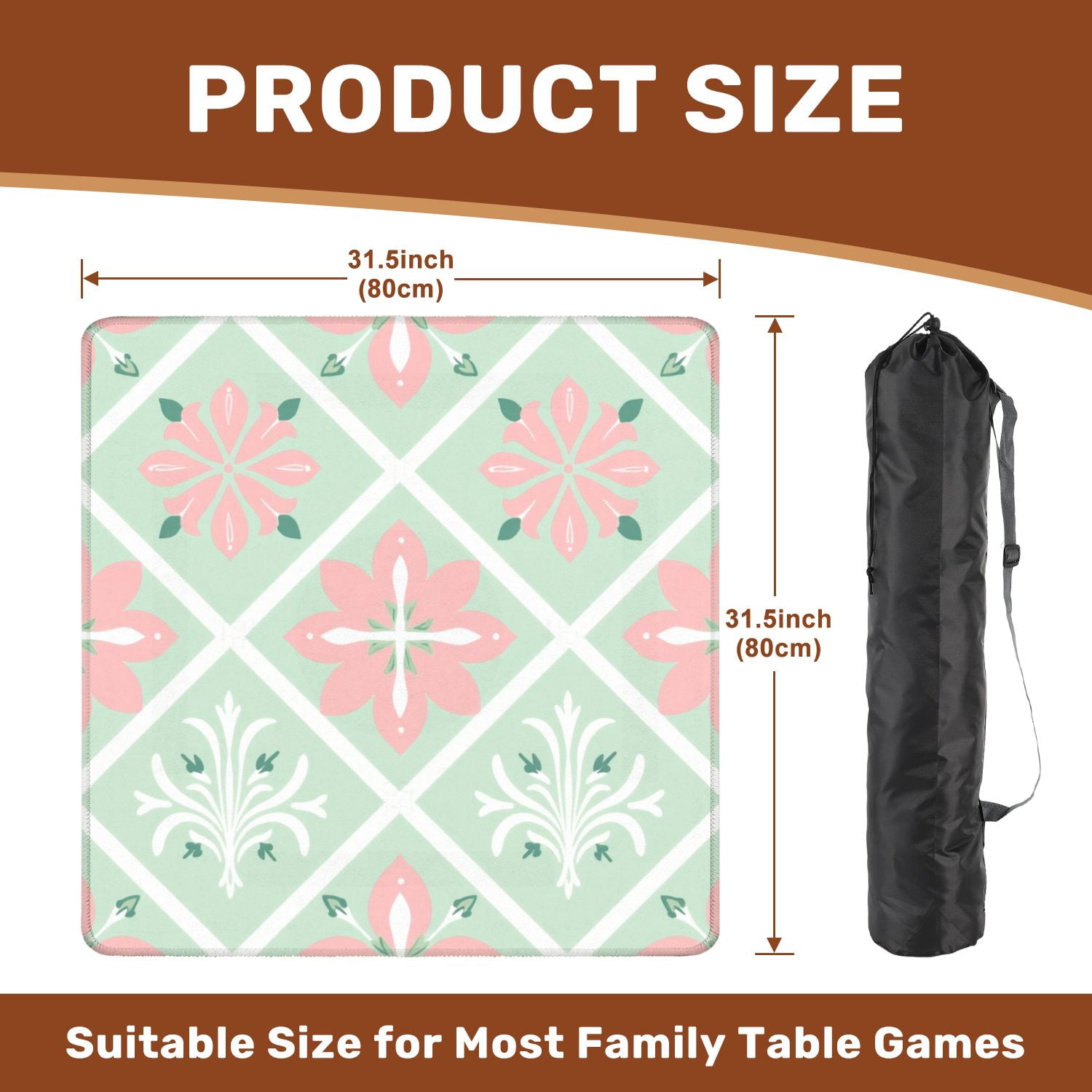 Mahjong Mat 31.5" x 31.5" Pastel Floral Geometric Pink Flowers Green Diamond Non-Slip Noise Reduction American Mahjong Tiles Table Cover for Dominoes Poker Card Board Games Gift