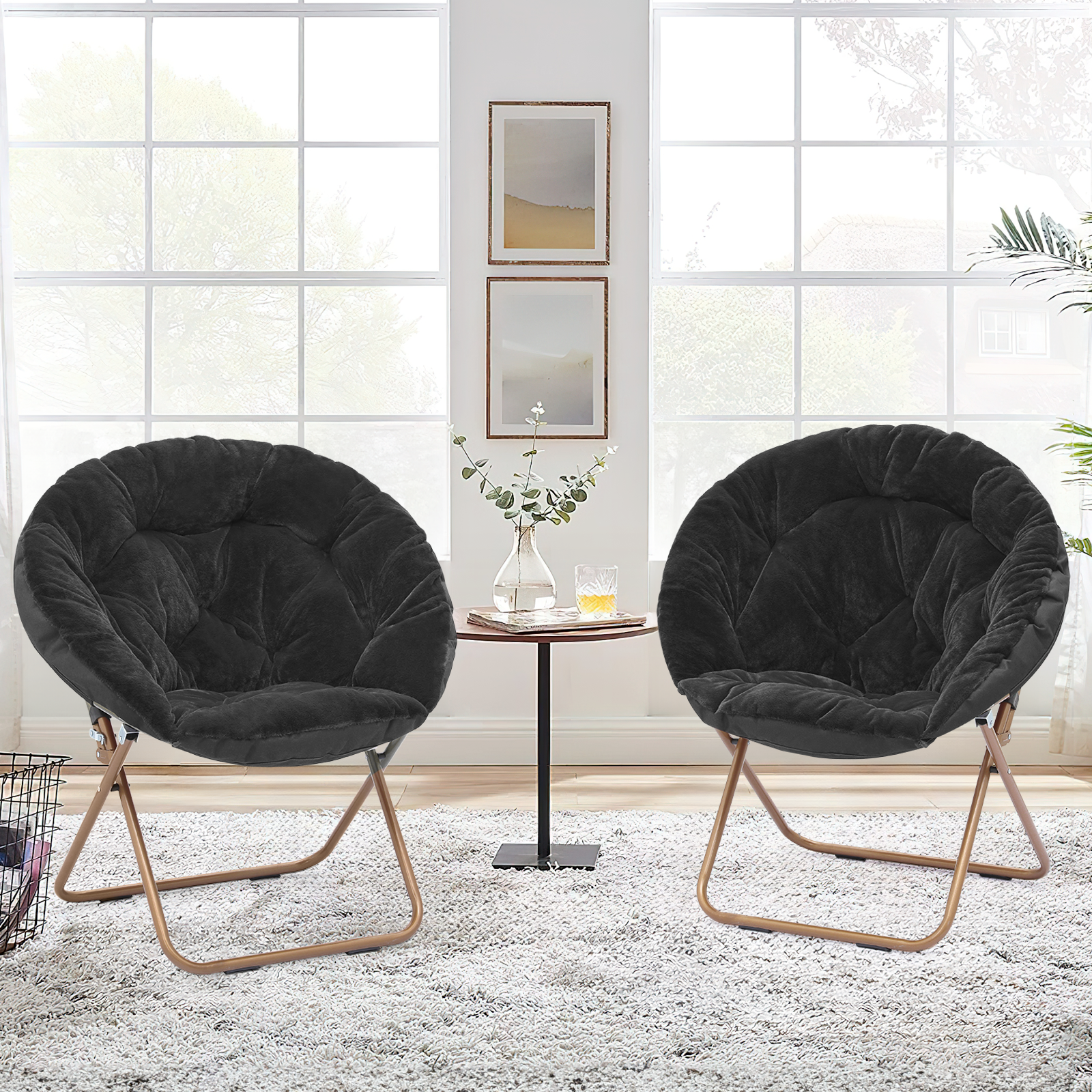 Magshion Set of 2 Saucer Chair Soft Faux Fur Folding Accent Chair, Lounge Lazy Chair Moon Chair Seat with Metal Frame for Bedroom Living Room, Black - image 3 of 10
