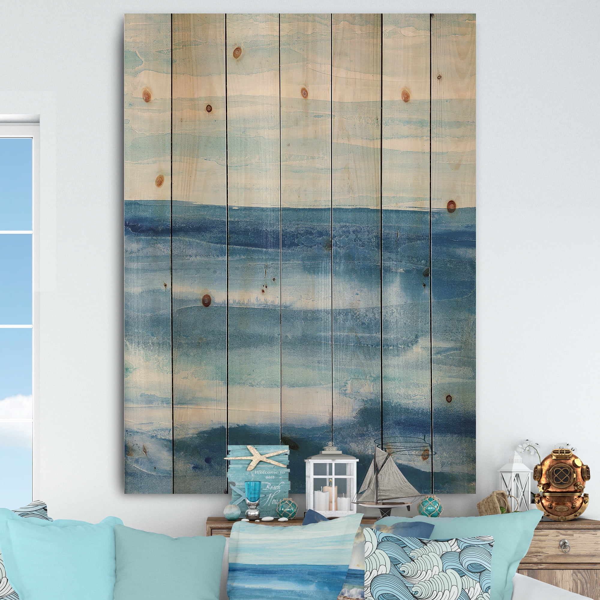 Designart 'Lost in Blue Panel' Nautical & Coastal Print on Natural Pine Wood