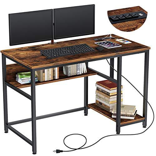 Black 39 Home Office Writing Desk with Monitor Stand Workstation Table with Stable Metal Frame Rolanstar Computer Desk with 2 Drawers and Power Outlet