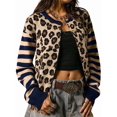 thumbnail image 3 of Women's Leopard Print Striped Patchwork Button Front Cropped Knit Cardigan Navy Blue XL, 3 of 10