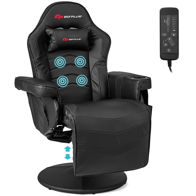 Goplus Fauteuil Inclinable de Jeu avec Massage, Hauteur Réglable, Chaise Pivotante de Course avec Porte-Gobelet, Noir