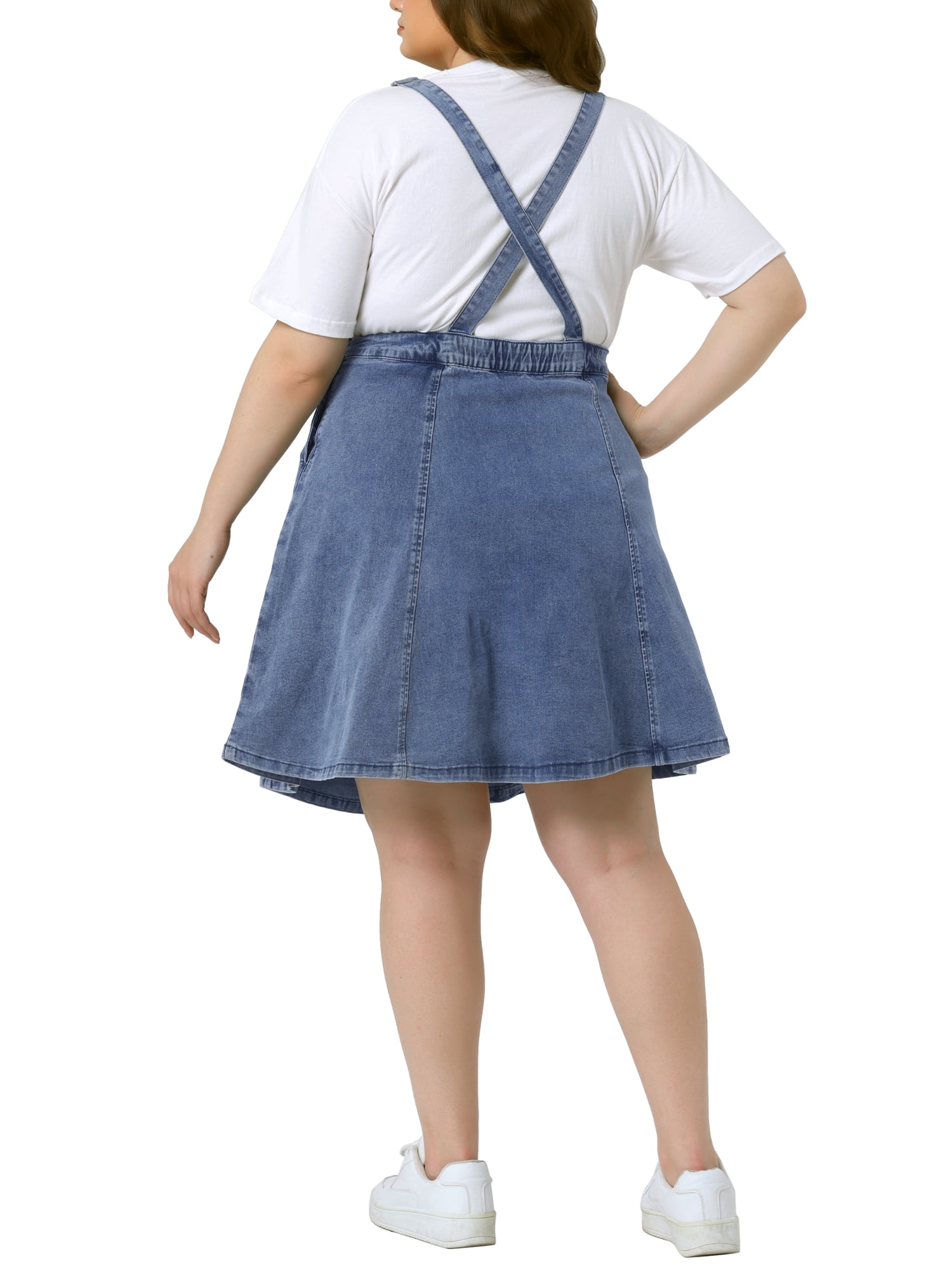 Unique Bargains Women's Plus Size Adjustable Straps Pockets Denim Dress 1X Gray Blue