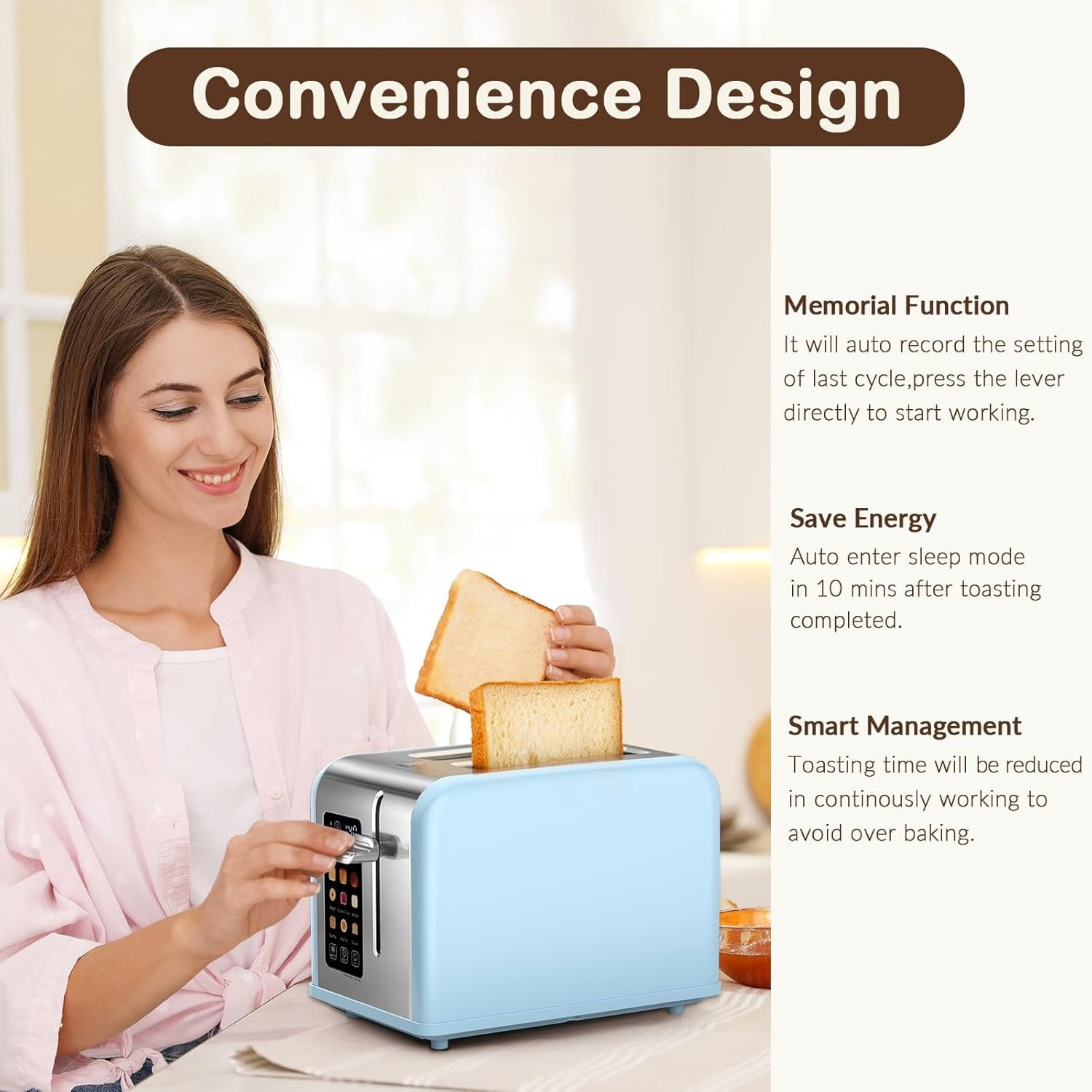 2 Slice Touch Screen Toaster, 1.5" Wide Slot, Stainless Steel Smart Toaster for Bagels, Muffins, Waffles, Gluten-Free Breads, Defrost, Reheat, Timer, 825W, Ice Blue