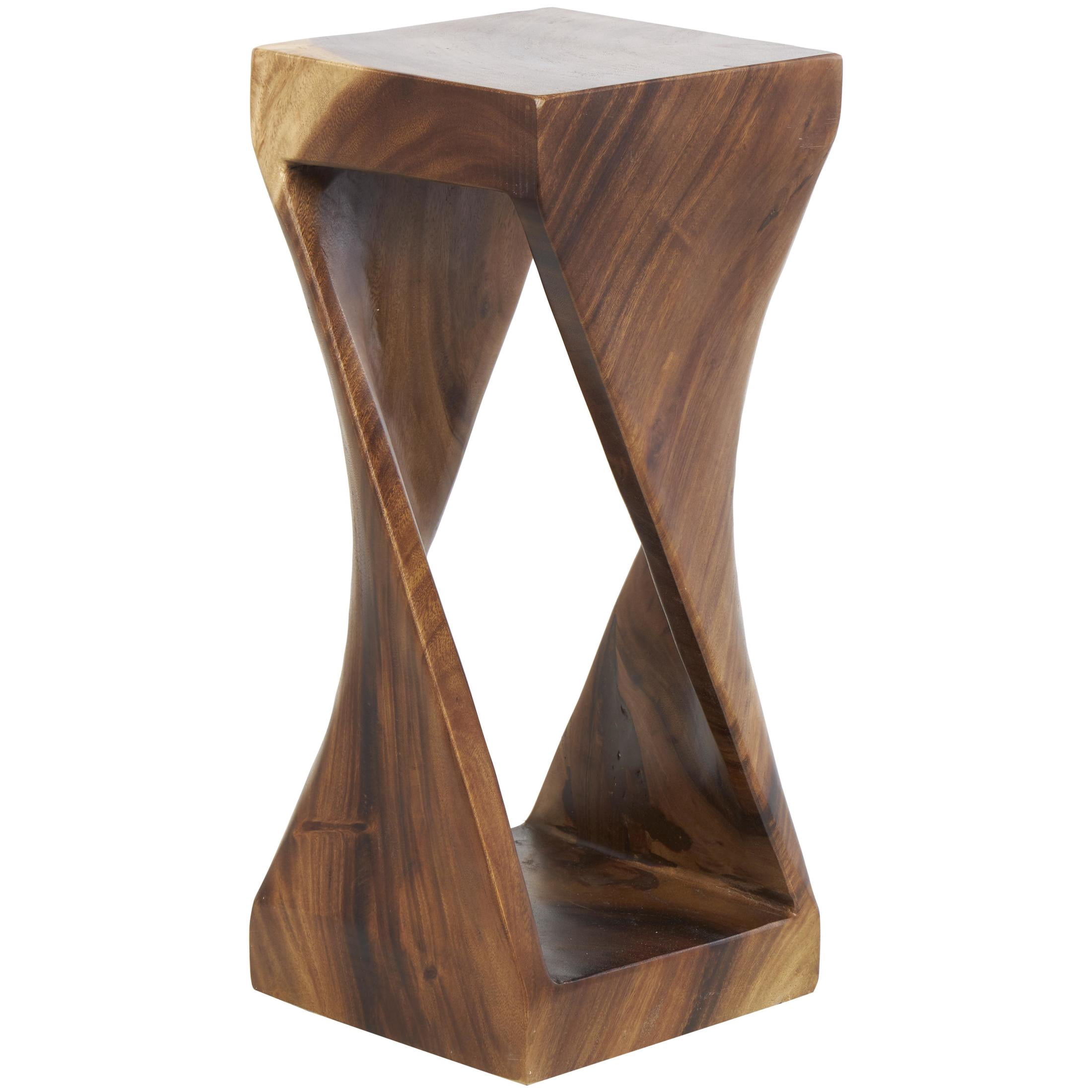 DecMode 12" x 30" Brown Suar Wood Handmade Geometric Accent Table with Spiral Base, 1-Piece