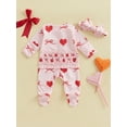 thumbnail image 5 of Nygoyerh Newborn Girls Outfit Long Sleeve Crew Neck Heart Bow Print Zipped Footies Jumpsuit and Headband Sets Valentines Day Baby Clothing 0M 3M 6M, 5 of 7