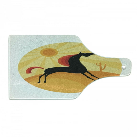 Horse Cutting Board, Abstract Animal Running in the Desert Hot Summer Nature Landscape at Noon, Decorative Tempered Glass Cutting and Serving Board, Wine Bottle Shape, Multicolor, by Ambesonne