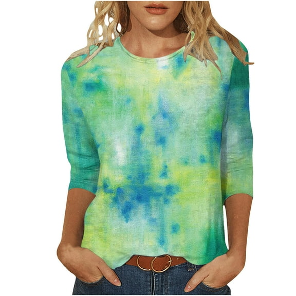 Fesfesfes Womens Tops Womens Fashion Printed T-shirt Mid-length 3/4 Sleeves Blouse Round Neck Casual Tops Womens Fashion L(US:8)