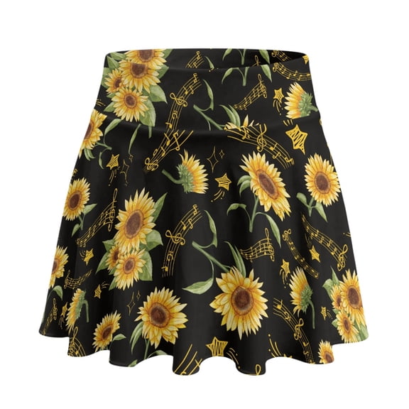 Whosucclay Sunflower Music Note Print Tennis Skirt, 2 Side Pockets Built-in Shorts Golf Skirts with Pockets High Waisted Skirts for Yoga Travel, Size Small