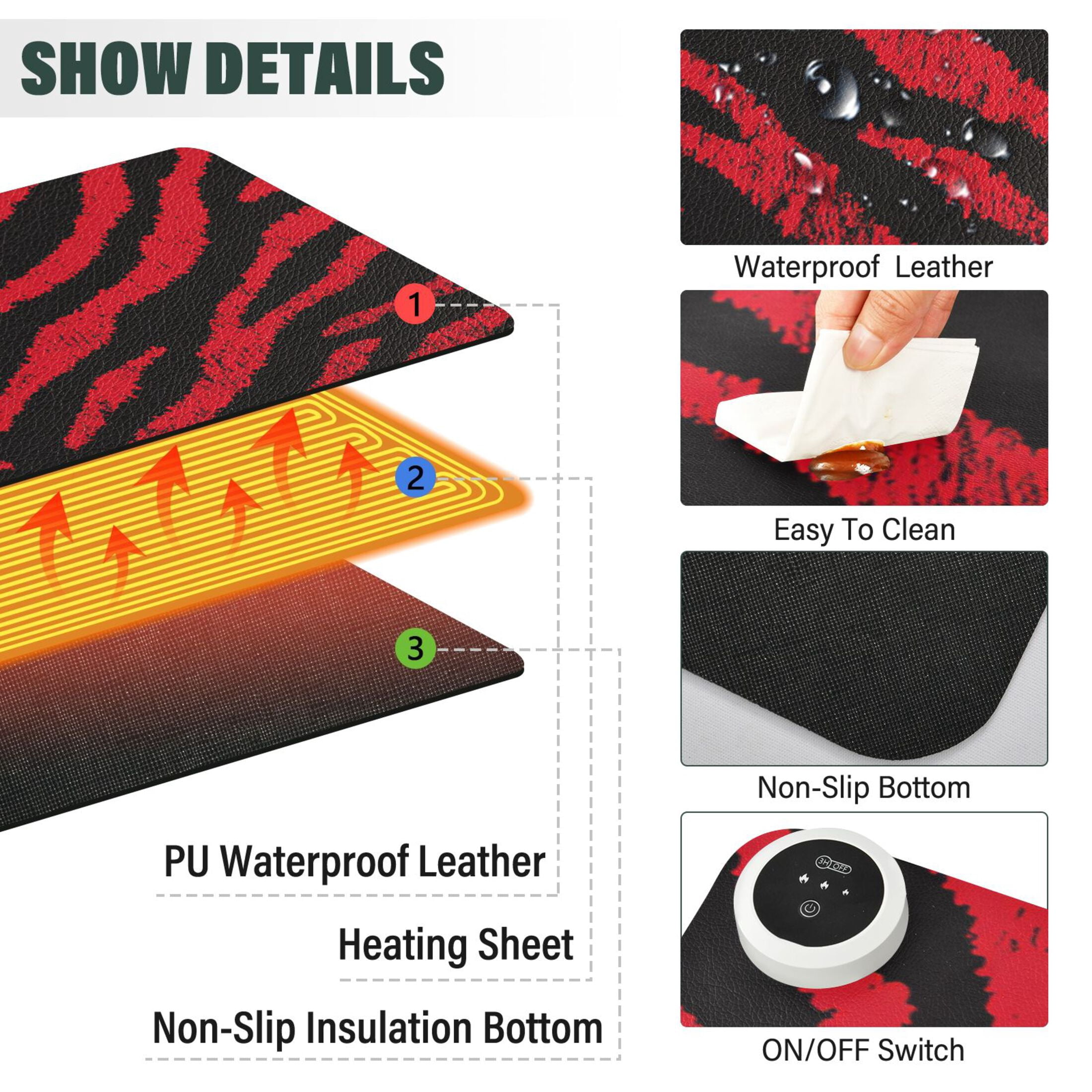 Large Heated Desk Mat Mouse Pad 31.5"x13"PU Leather Graphene Heating Desk Warmer with 3 Temperature Settings 110V US Plug Non-Slip Warm Pad for Home, Office, and Gaming Bold Crimson Chevron Pattern
