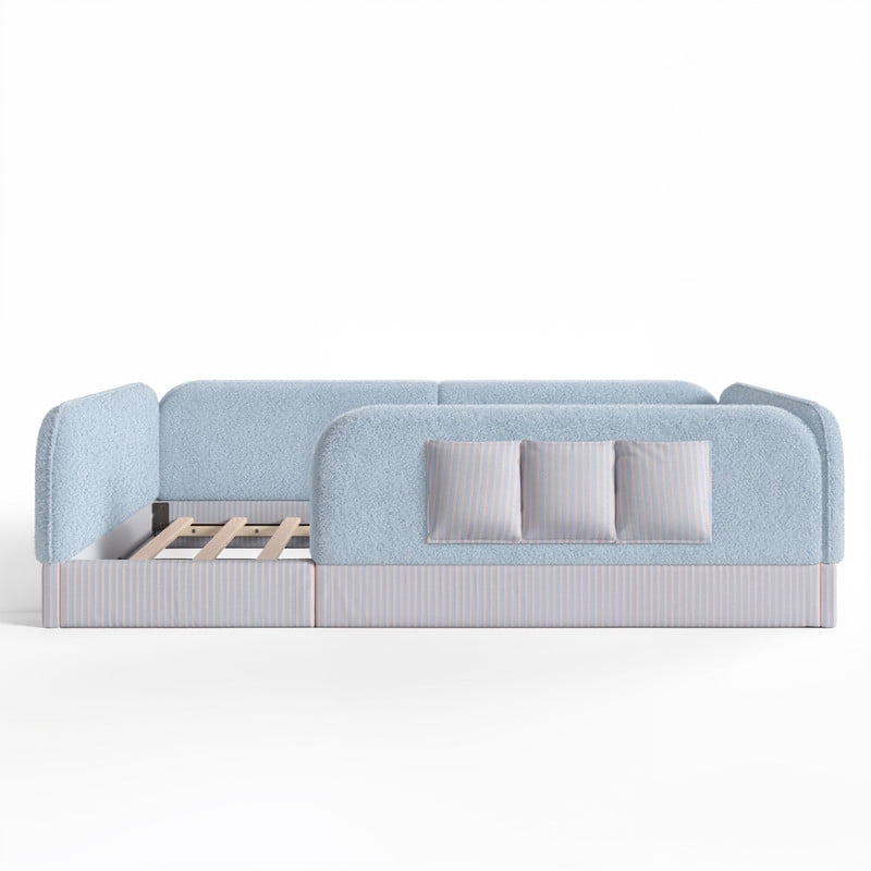 Full Size Kid's Upholstered Floor Bed Frame, Montessori-Style Low Profile Platform Bed with Safety Guardrail & Storage Pockets